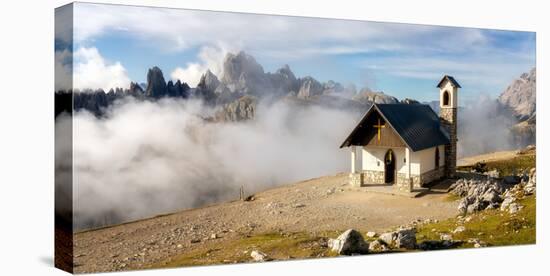 Small church with the Cadini di Misurina mountain range in the background, Dolomites, Italy-Karen Deakin-Stretched Canvas