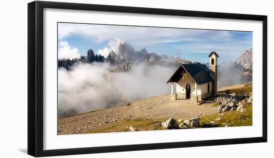 Small church with the Cadini di Misurina mountain range in the background, Dolomites, Italy-Karen Deakin-Framed Photographic Print