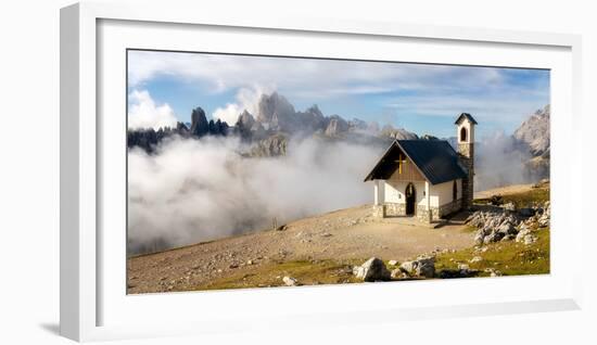 Small church with the Cadini di Misurina mountain range in the background, Dolomites, Italy-Karen Deakin-Framed Photographic Print