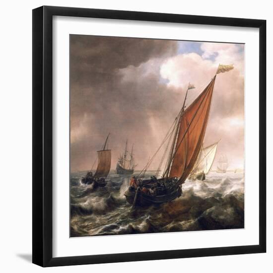 Small Dutch Transport Ship, before the Breeze, in the Calm, Shallow Waters along the Coast, Bearing-Simon Jacobsz Vlieger-Framed Giclee Print