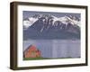 Small Farm Building with Mountains, Harstad, Norway-Walter Bibikow-Framed Premium Photographic Print