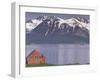 Small Farm Building with Mountains, Harstad, Norway-Walter Bibikow-Framed Premium Photographic Print