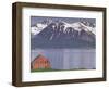 Small Farm Building with Mountains, Harstad, Norway-Walter Bibikow-Framed Photographic Print