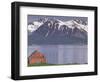 Small Farm Building with Mountains, Harstad, Norway-Walter Bibikow-Framed Photographic Print