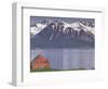 Small Farm Building with Mountains, Harstad, Norway-Walter Bibikow-Framed Photographic Print