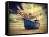 Small Fishing Boat on Shore of the Baltic Sea, Vintage Retro Instagram Style.-Maciej Bledowski-Framed Stretched Canvas