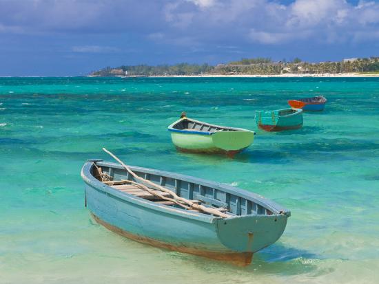 Small Fishing Boats in the Turquoise Sea, Mauritius, Indian Ocean, Africa-null-Stretched Canvas