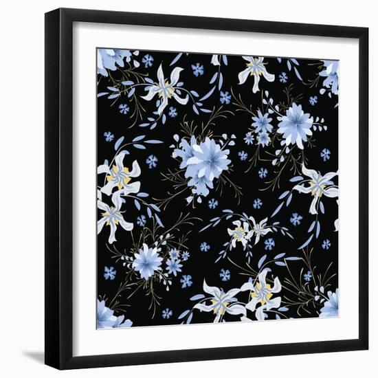 Small Flowers. Seamless Pattern with Cute Daisy Flowers and Pansies. Delicate Texture in Rustic Sty-Vikoshkina-Framed Art Print