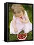 Small Girl Eating Strawberries on Grass-null-Framed Stretched Canvas