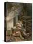 Small Girl Sleeping by the Fire with Her Dolly Dreams of the Joys of Christmas Day-Lizzie-Stretched Canvas
