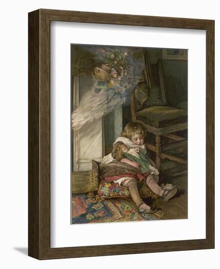 Small Girl Sleeping by the Fire with Her Dolly Dreams of the Joys of Christmas Day-Lizzie-Framed Photographic Print