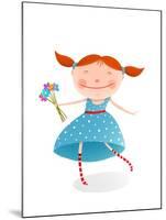 Small Girl with Bouquet of Flowers Wearing Blue Dress. Jolly Child with a Bunch of Flowers. Organic-Popmarleo-Mounted Art Print