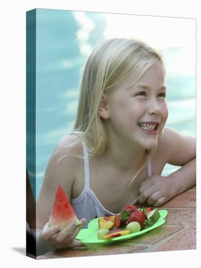 Small Girl with Fresh Fruit at the Pool-Louise Hammond-Stretched Canvas