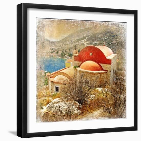 Small Greek Monastery -Artistic Retro Styled Picture-Maugli-l-Framed Art Print