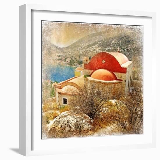 Small Greek Monastery -Artistic Retro Styled Picture-Maugli-l-Framed Art Print