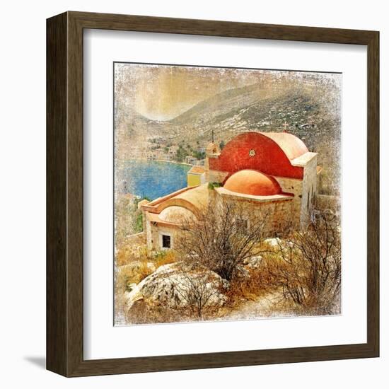 Small Greek Monastery -Artistic Retro Styled Picture-Maugli-l-Framed Art Print