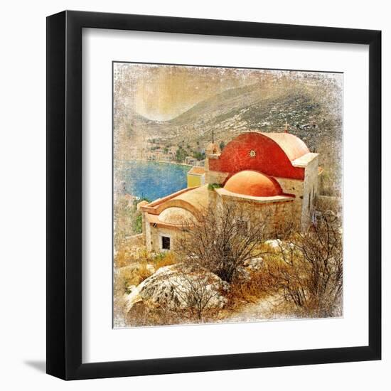 Small Greek Monastery -Artistic Retro Styled Picture-Maugli-l-Framed Art Print