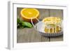 Small Orange Cake with White Icing on Wooden Table-Jana Ihle-Framed Photographic Print