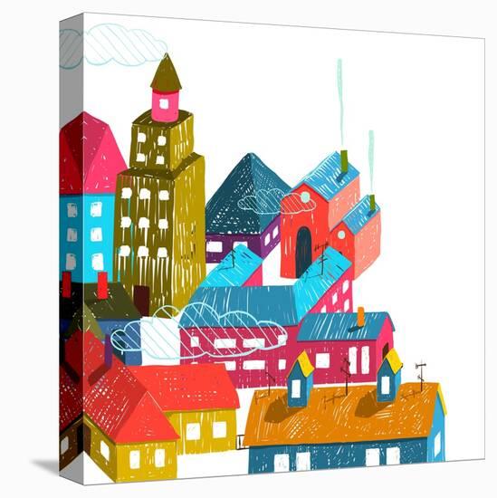 Small Town or City with Houses Roofs Illustration on White. Colorful Hand Drawn Sketchy Pencil Draw-Popmarleo-Stretched Canvas