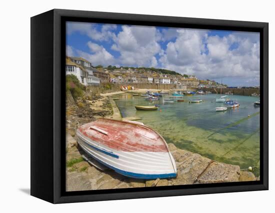 Small Unturned Boat on Quay and Small Boats in Enclosed Harbour at Mousehole, Cornwall, England-Neale Clark-Framed Stretched Canvas