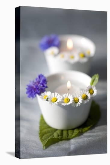 Small White Bowls with Floating Candles and Daisies-Brigitte Protzel-Stretched Canvas