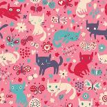 Funny Cats. Cartoon Seamless Pattern for Children Background. Colorful Wallpaper with Cats, Butterf-smilewithjul-Art Print