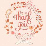 Thank You Card in Pink Colors. Stylish Floral Background with Text and Cute Cartoon Bird in Vector-smilewithjul-Art Print