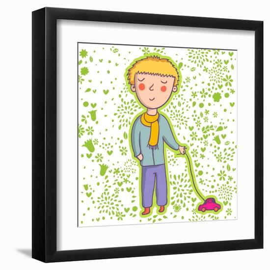 Smiling Boy with a Toy Car-smilewithjul-Framed Art Print