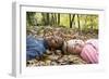 Smiling Children Lying on Autumn Leaves-Ian Boddy-Framed Photographic Print