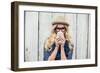 Smiling Fashionable Blonde Drinking Coffee Outdoors on Wooden Background-lightwavemedia-Framed Photographic Print