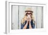 Smiling Fashionable Blonde Drinking Coffee Outdoors on Wooden Background-lightwavemedia-Framed Photographic Print