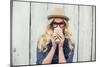 Smiling Fashionable Blonde Drinking Coffee Outdoors on Wooden Background-lightwavemedia-Mounted Photographic Print