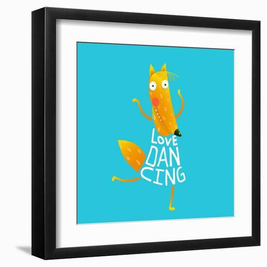 Smiling Orange Fox in Blue Dress Dancing with Text - Love Dancing. Hand Drawn Style. Cartoon Charac-Popmarleo-Framed Art Print