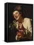 Smiling Young Man Squeezing Grapes, 1622 (Oil on Canvas)-Gerrit van Honthorst-Framed Stretched Canvas