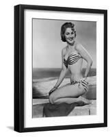 Smiling Young Woman Perches on a Stone Wall in a Striped Bikini-Charles Woof-Framed Photographic Print