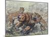 Smilodon Dirk-Toothed Cats Attacking a Glossotherium-null-Mounted Art Print