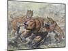 Smilodon Dirk-Toothed Cats Attacking a Glossotherium-null-Mounted Art Print