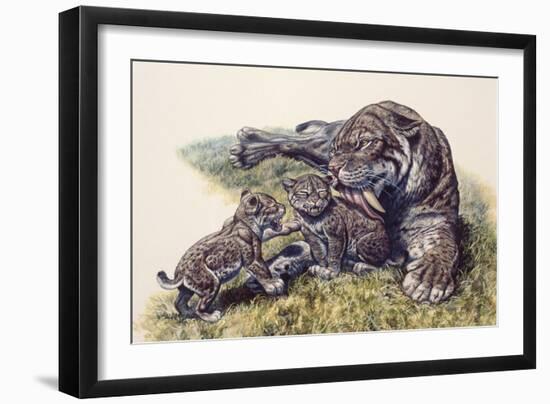 Smilodon Sabertooth Mother and Her Cubs-null-Framed Art Print