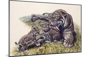 Smilodon Sabertooth Mother and Her Cubs-null-Mounted Art Print