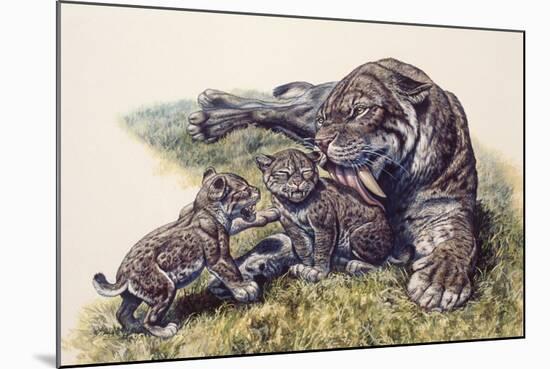 Smilodon Sabertooth Mother and Her Cubs-null-Mounted Art Print