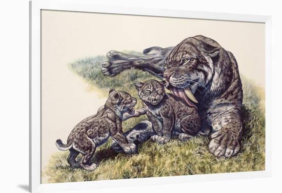 Smilodon Sabertooth Mother and Her Cubs-null-Framed Art Print