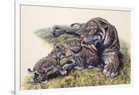 Smilodon Sabertooth Mother and Her Cubs-null-Framed Art Print