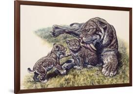 Smilodon Sabertooth Mother and Her Cubs-null-Framed Art Print