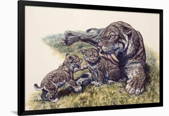 Smilodon Sabertooth Mother and Her Cubs-null-Framed Art Print