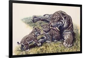 Smilodon Sabertooth Mother and Her Cubs-null-Framed Art Print