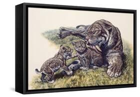 Smilodon Sabertooth Mother and Her Cubs-null-Framed Stretched Canvas