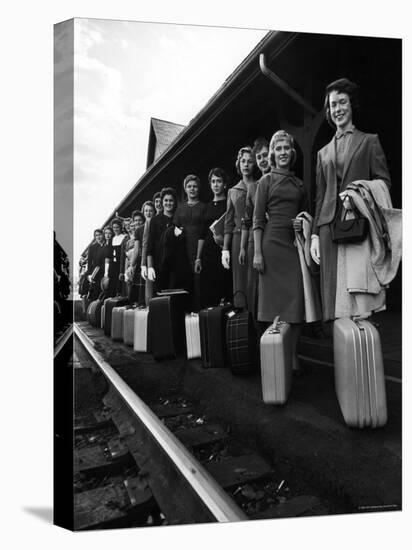 Smith College Girls Standing at Northampton Station with Their Suitcases-Yale Joel-Stretched Canvas