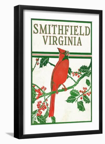 Smithfield, Virginia - Cardinal Perched on a Holly Branch-Lantern Press-Framed Art Print