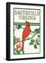 Smithfield, Virginia - Cardinal Perched on a Holly Branch-Lantern Press-Framed Art Print