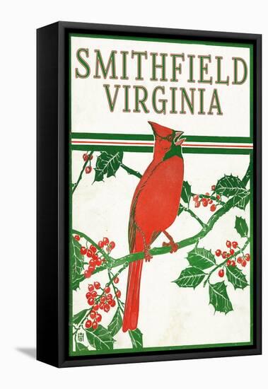 Smithfield, Virginia - Cardinal Perched on a Holly Branch-Lantern Press-Framed Stretched Canvas